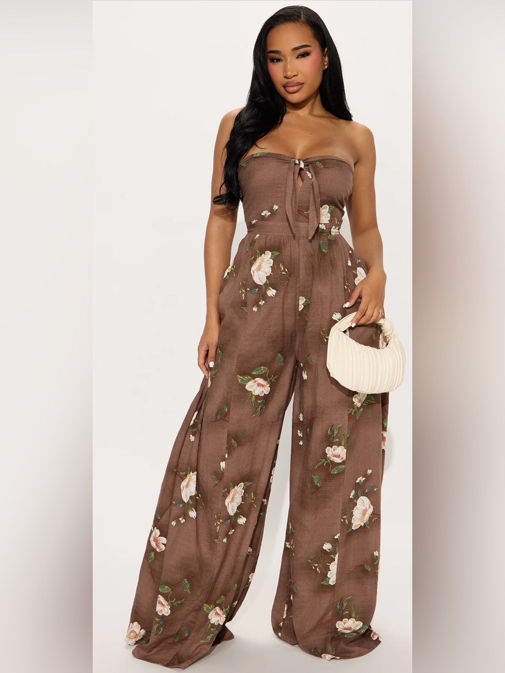 Fashion Nova Scarlet wide leg Strapless Brown Floral Jumpsuit size small NWT